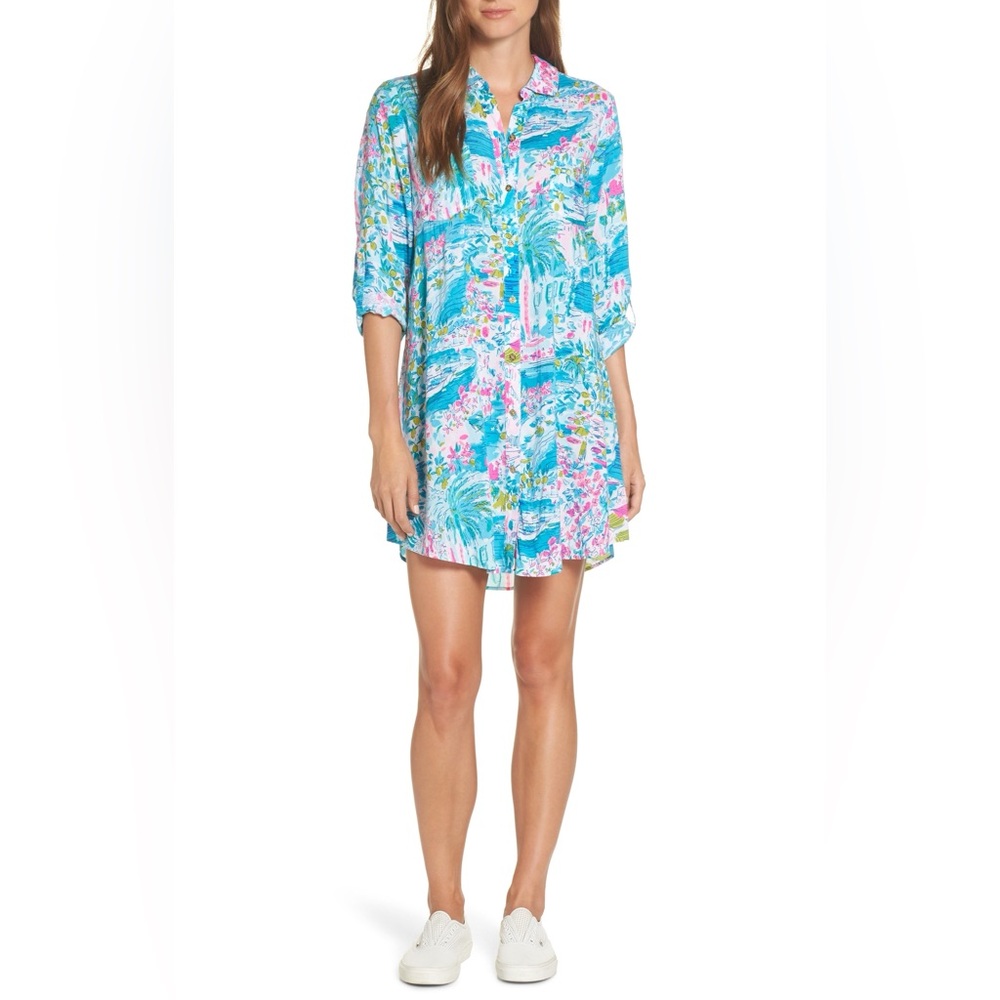 Lilly Pulitzer Printed Shirt Dress Tunic – Blue Pink Tropical Resort Wear • Med
